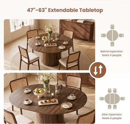 47''-63'' Extendable Round Dining Table for 4-6, Round Dining Room Table with Hidden Storage, Modern Wooden Kitchen Table with Fluted Sliding Door Cabinet for Dining Room Kitchen, Walnut