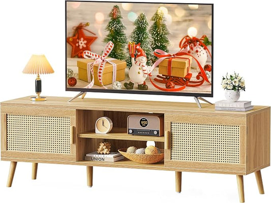 SUPERJARE Boho TV Stand for 65 Inch TV, Entertainment Center with Adjustable Shelf, Rattan TV Console with 2 Cabinets, Media Console, Solid Wood Feet, 4 Cord Holes, for Living Room - Natural
