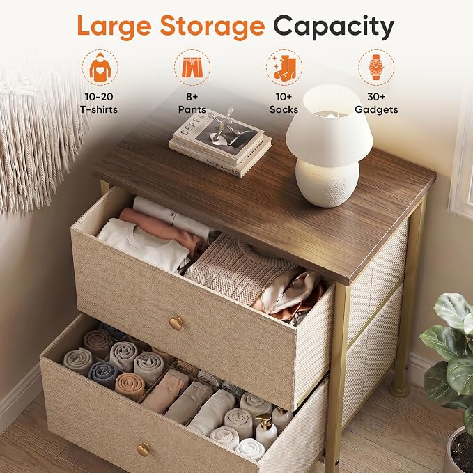 Sweetcrispy Nightstand Set of 2 with 2 Storage Drawers, Small Bedside Table | 20" Height Furniture End Table, Wooden Top Fabric Cabinet for Bedroom, Closet, Entryway, Khaki 2Pack
