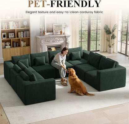 Modern U Shaped Modular Sectional Sofa, Convertible Oversized Cloud Couches for Living Room, Comfy 8 Seater Corduroy Boneless Couch Sofa Set, No Assembly Required, Beige 1 PCS