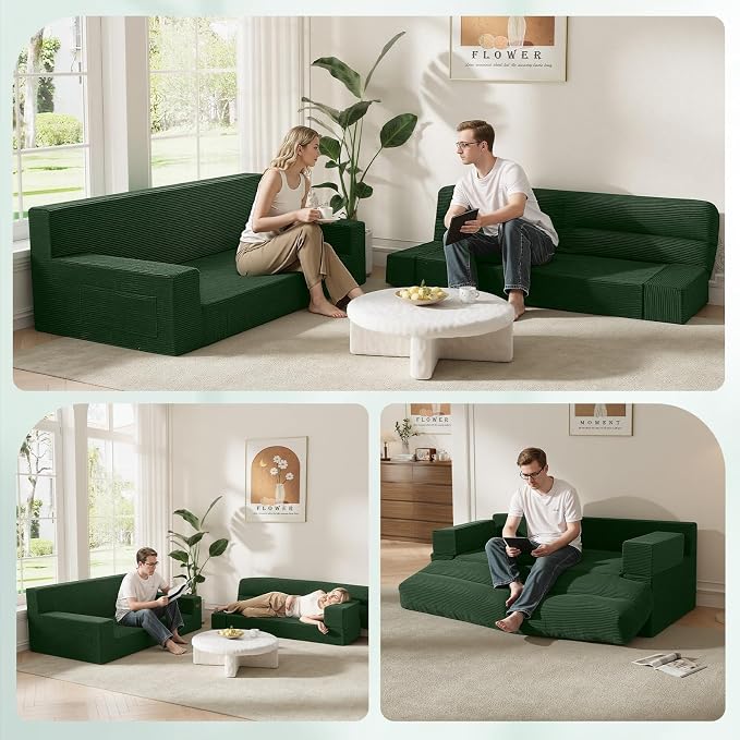MeMoreCool Queen Sofa Bed, 4-in-1 Pull Out Couch Bed with Wedge Pillow, Boneless Futon Sleeper Loveseat, No Assembly Folding Sofa for Living Room Guest Room, Green Corduroy