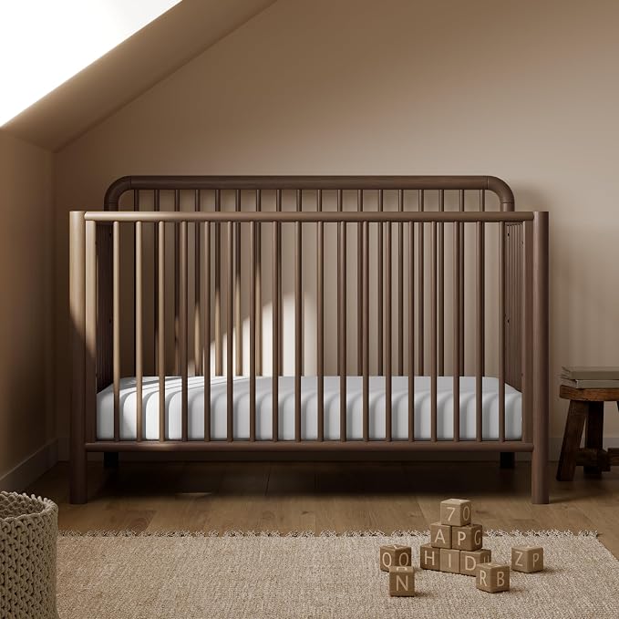 Storkcraft Porto 5-in-1 Convertible Crib with Toddler Guardrail – GREENGUARD Gold Certified, Toddler Bed Conversion Kit Included, 100% Solid Wood, Fits Standard Baby Crib Mattress (Hazelnut)
