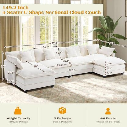 149.2" Modular Sectional Sofa,U Shaped Couch for Living Room,Modern Deep Seat Sofa 3 Seater Chenille Fabric Comfy Cloud Couches with Throw Pillows & Movable Ottoman