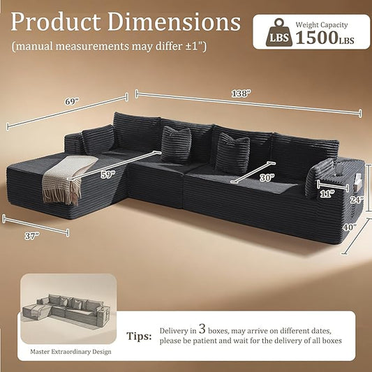 138" Oversized Cloud Sectional Couch, Comfort L Shaped Boneless Couch for Living Room, Extra Deep Seats No Assembly, Minimalist Modular Sofa, Corduroy (Dark Grey, 3 Seater+Right Facing Chaise)