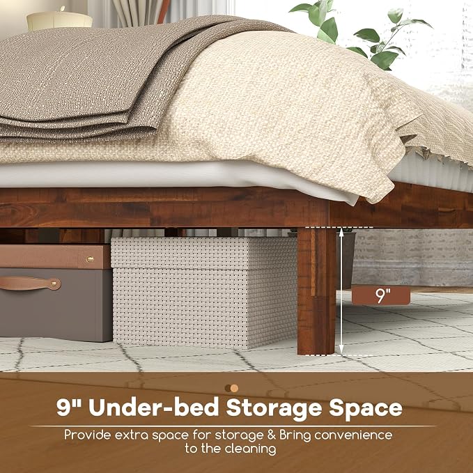 KOMFOTT Full Size Wood Bed Frame with Headboard, Solid Acacia Wood Platform Bed Frame, Wooden Slats Supported Bed Base with Under-Bed Storage Space, No Box Spring Needed Mattress Foundation