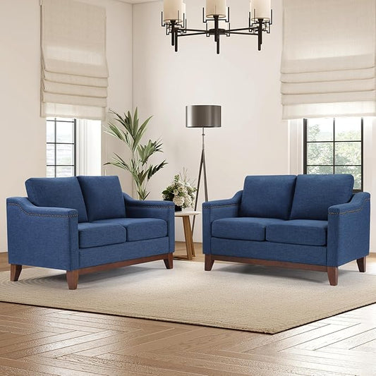 HAOMARKETS Vintage 2-Seater Upholstered Loveseat Sofa Set of 2 with Nailhead Trim, High-Density Foam Cushion & Solid Wood Legs, Soft Fabric Couch for Small Spaces, Blue