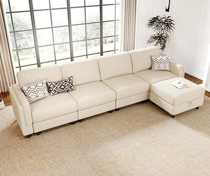 KKL Modular Sectional Sofa Bed with Storage Ottoman, Convertible L/U-Shaped Sleeper Couch for Living Room, Modern Reversible Design(Beige,5 Seater L Shape)