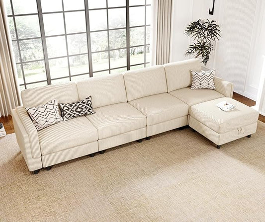 KKL Modular Sectional Sofa Bed with Storage Ottoman, Convertible L/U-Shaped Sleeper Couch for Living Room, Modern Reversible Design(Beige,5 Seater L Shape)