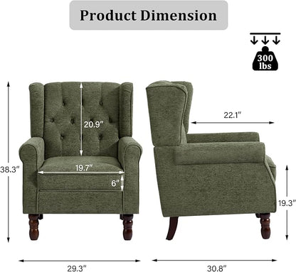 Wingback Accent Chair, Button-Tufted High Back Armchair for Living Room, Upholstered Wingback Chair with Solid Wood Legs, Comfy Single Sofa Reading Chair for Bedroom, Green