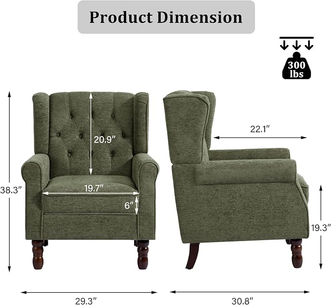 Wingback Accent Chair, High Back Arm Chair for Living Room, Button-Tufted Upholstered Fabric Armchair with Solid Wood Legs, Comfy Single Sofa Reading Chair for Bedroom, Green