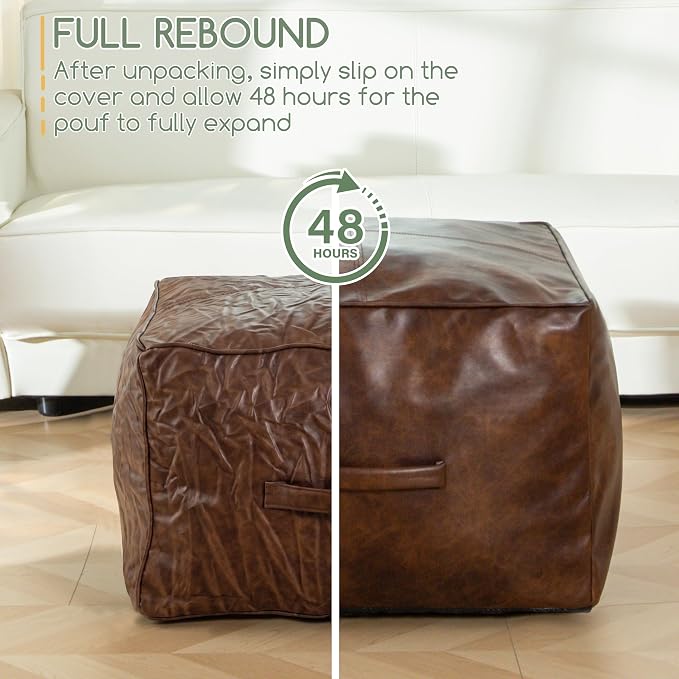 HIGOGOGO Square Stuffed Pouf Ottoman, Pu Leather Poufs with Foam Chunk Filling, Furry and Fluffy Pouf Foot Stool Storage Ottoman,20 X 14 Inches Floor Poufs Foot Rest for Living Room, Dark Brown