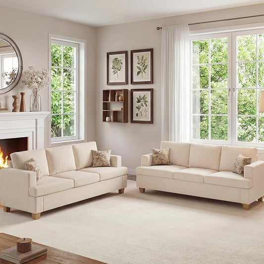 Apicizon Cloud Couches Living Room Furniture Sets, 3 Seater Sofa & 3 Seater Sofa for Bedroom, Comfy Chenille Couch Sleeper Sofa for Apartment Lounge, White Chenille