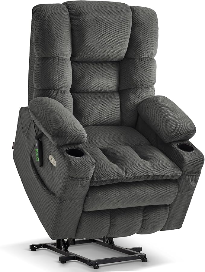 MCombo Triple Motor Lay Flat Power Lift Recliner Chair for Tall Elderly, Infinite Position, Massage, Dual Heating, Adjustable Headrest, Fabric 7634 (Grey, Large)