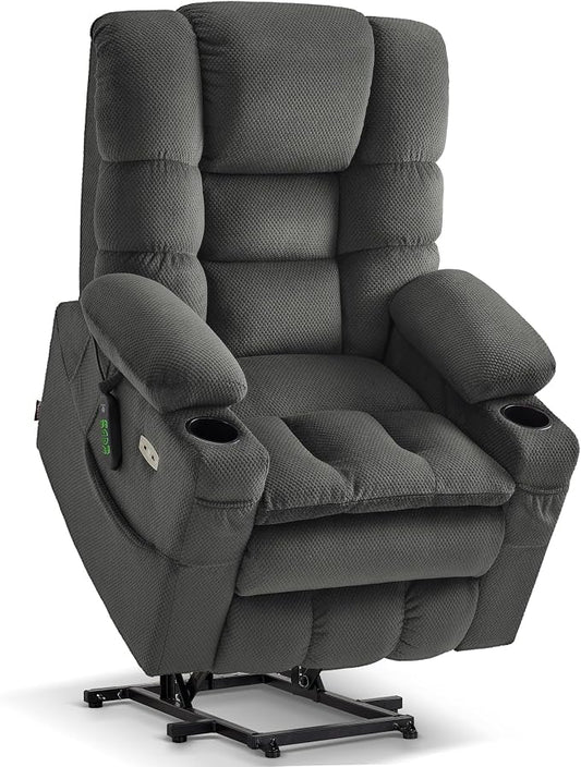 MCombo Triple Motor Lay Flat Power Lift Recliner Chair for Tall Elderly, Infinite Position, Massage, Dual Heating, Adjustable Headrest, Fabric 7634 (Grey, Large)