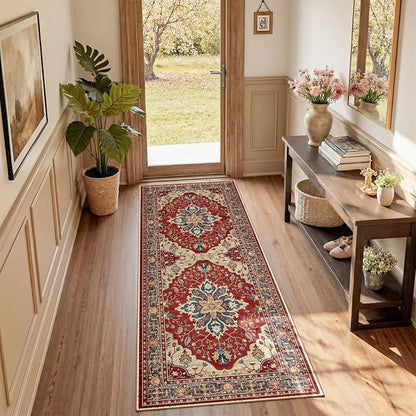 RELEANY Area Rugs Runner 2'x5' Washable Non-Slip, Floral Vintage Distress Medallion Carpet for Kitchen Hallway Bedroom Beside Laundry Room Bathroom, Red Blue