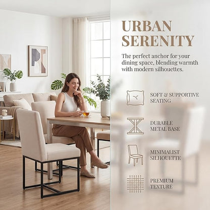 HNY Modern Dining Chairs Set of 6, Upholstered Linen Dining Room Chairs with Ergonomic Back & Metal Frame for Home, Kitchen, Apartment, Cream
