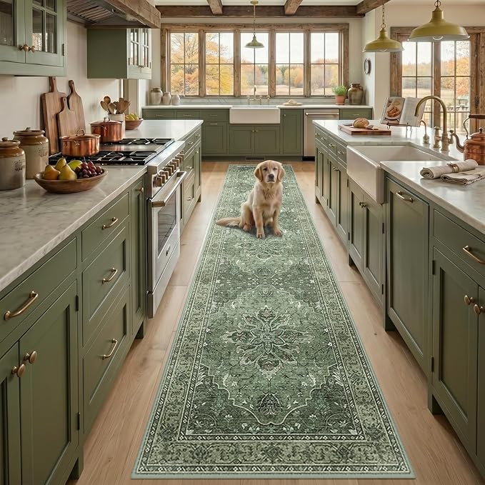 RELEANY Area Rugs Runner 2'6"x14' Washable Non-Slip, Floral Vintage Distress Medallion Carpet for Kitchen Hallway Bedroom Beside Laundry Room Bathroom, Dark Green Gray