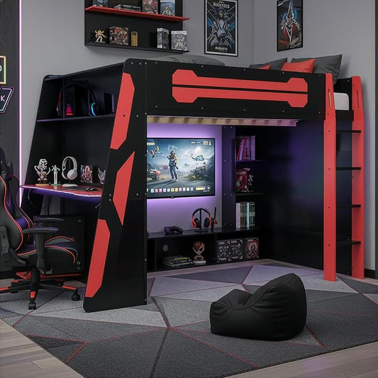 Merax Full Size Loft Bed with Desk, Multi-Storage Shelves and RGB Light | Space-Saving Wooden Gaming Bed Frame with Charging Station and Guardrail