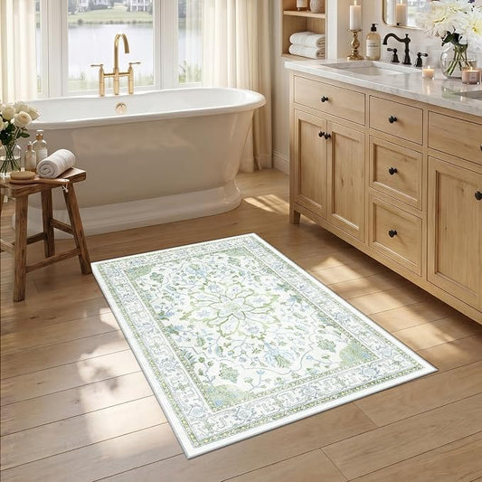 RELEANY Area Rugs Small 2'6"x4' Washable Non-Slip, Floral Vintage Distress Medallion Carpet for Kitchen Entryway Bathroom, Green White Blue