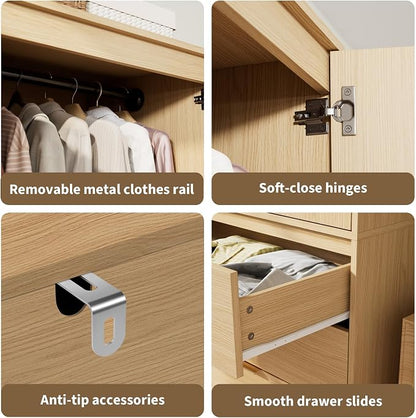Garvee 70" Wardrobe Armoire Wooden Closet with 2 Doors and 3 Drawers, Bedroom Armoire with Hanging Rod Shelf, Large Capacity Storage Wardrobe Armoire, Freestanding Wooden Closet Storage Cabinet