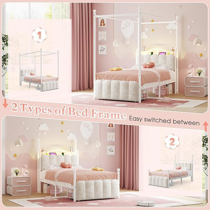 Homkdom Canopy Bed Frame Twin with Storage Drawers and LED Lights & Charging Station,Princess Velvet Upholstered Headboard,Heavy Duty 880lb,Easy Assembly,White