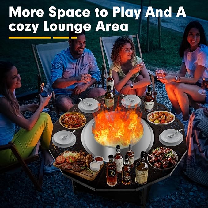 48 Inch Fire Pit Surround Tabletop for Solo Stove Bonfire up to 27.5" and Most Wood Burning Fire Pits, 28.4 in Inner, Coated Metal Outdoor Fire Pit Table with 360° Safety Barrier