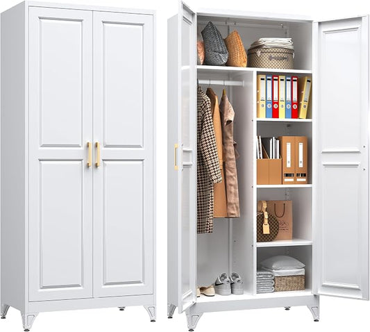 SteeLoong Metal Wardrobe Closet,71" H Wardrobe Cabinet with 2 Doors,White Clothing Storage Cabinets with Hanging Rod and 3 Adjustable Shelves,Armoire Wardrobe Closet for Home Office,School,Gym