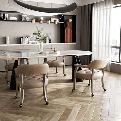 LEEMTORIG Set of 4 Dining Chairs with Casters and Arms, Rolling Dining Chairs with Wheels for Elderly, Ergonomic Wide Seat Wood Office Chairs, 26"Dx25.2"W, Grey Legs&Yellowish Brown Fabric SY-1318-LT