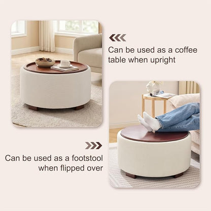 29.1 Inch Round Ottoman Coffee Table, Ottoman with Storage, Boucle Beige | Storage Ottoman with Removable Lid Top, Solid Wood Legs, Round Ottoman for Living Room, Bedroom, Apartments