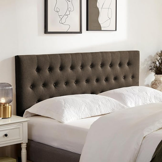 Tufted Upholstered Headboard King Size, Adjustable Height 37- 51 in, Brown | Sturdy and Durable Solid Wood Bed Headboard, Fabric King Headboard Only, Modern Button Diamond Design Head Board