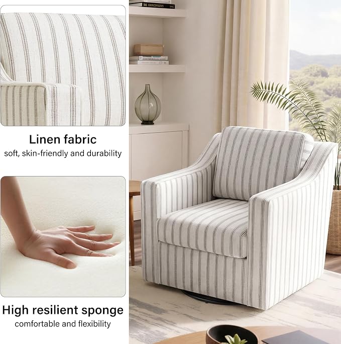 Swivel Accent Chair, Modern Round Barrel Arm Chair for Living Room, Bedroom, Comfy Club Reading Chairs for Adults (Pinstripe Light Brown, Set of 2)