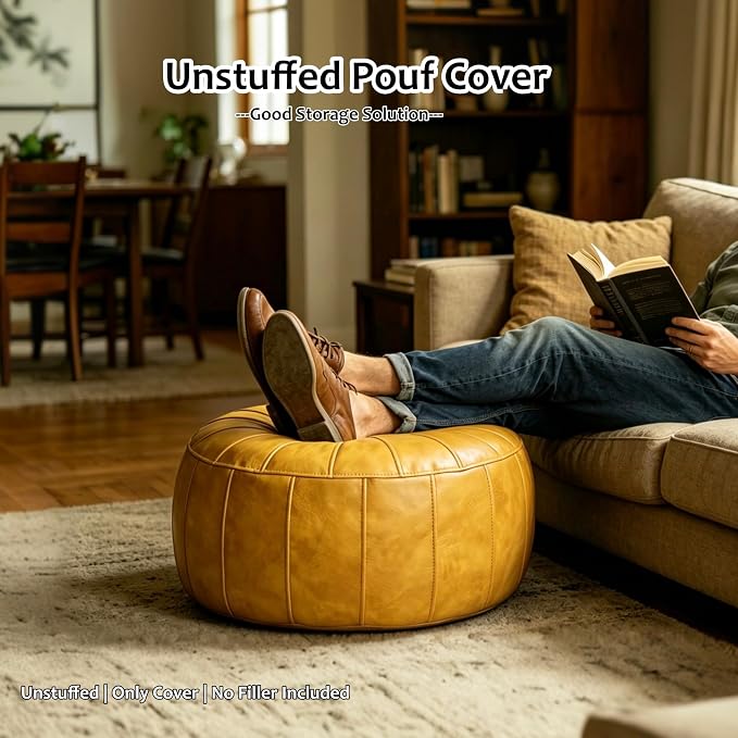 Thgonwid Unstuffed Moroccan Storage Pouf Foot Stool Ottoman Seat Handmade Faux Leather Bean Bag Floor Chair Foot Rest for Living Room, Bedroom or Balcony (Yellow)