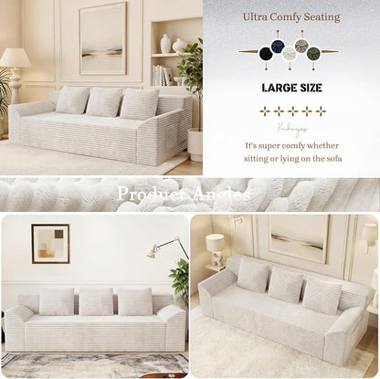 71" Corduroy Living Room Sofa, 3 Setaser Deep Seat Couch with 3 Lumbar Pillows, Comfy Boneless Sofa Modern Compressed Couch for Bedroom, Office, Apartment, No Assembly, Curved Armrests (Ancient White)