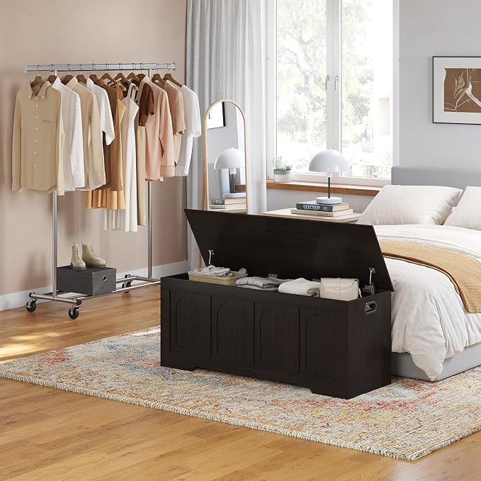 DINZI LVJ Storage Chest, 47.2”Wooden Storage Box with 2 Safety Hinges, Entryway Shoe Bench with Flip-Top, Large Trunk for Living Room, Bedroom, Easy Assembly, Espresso
