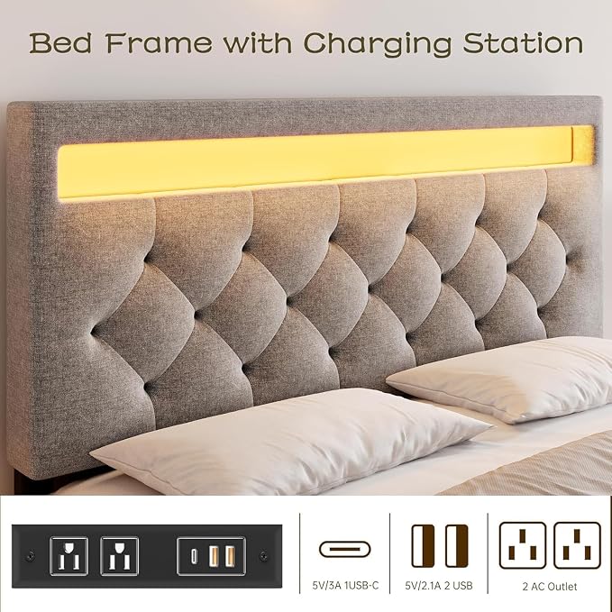 GarveeHome Full Size Bed Frame with Charging Station and LED Lights, Upholstered Bed Frame with Adjustable Headboard, Heavy Duty Wood Slats, No Box Spring Needed, Easy Assembly, Grey
