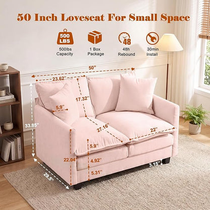 50'' Loveseat Sofa Cloud Sofa Couch, Modern Loveseats 2 Seat Couch 27" Deep Seat with 2 Pillows for Small Spaces Apartment Studio Office Bedroom Living Room, Pink
