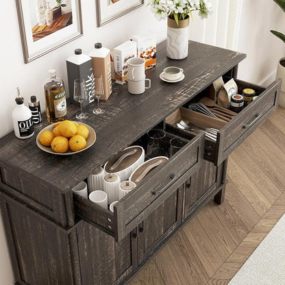 48 Inches Buffet Cabinet with Storage, Farmhouse Sideboard Buffet w/2 Drawers and 3 Doors, Wood Coffee Bar Cabinet with Adjustable Shelves, Sideboard Storage for Kitchen, Living Room, Rustic Brown