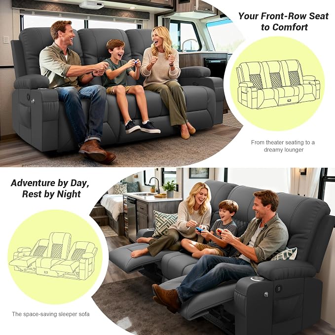 RV Loveseat Recliner Sofa, 3 Seater Reclining Sofa with Flip Back Console, Modern Reclining Couch with USB Ports, Cup Holders, Insert Pockets, RV Recliners for Travel Trailers & Living Room
