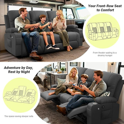 RV Loveseat Recliner Sofa, 3 Seater Reclining Sofa with Flip Back Console, Modern Reclining Couch with USB Ports, Cup Holders, Insert Pockets, RV Recliners for Travel Trailers & Living Room