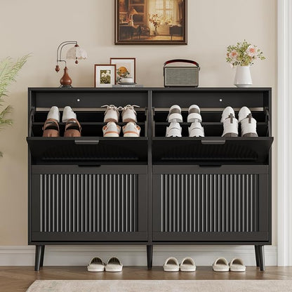 BORNOON Shoe Cabinet for Entryway with 4 Flip Drawers, Slim Wooden Shoe Storage Organizer with Modern Fluted Pannel，Freestanding Narrow Hidden Shoe Rack for Hallway, Foyer, Living Room