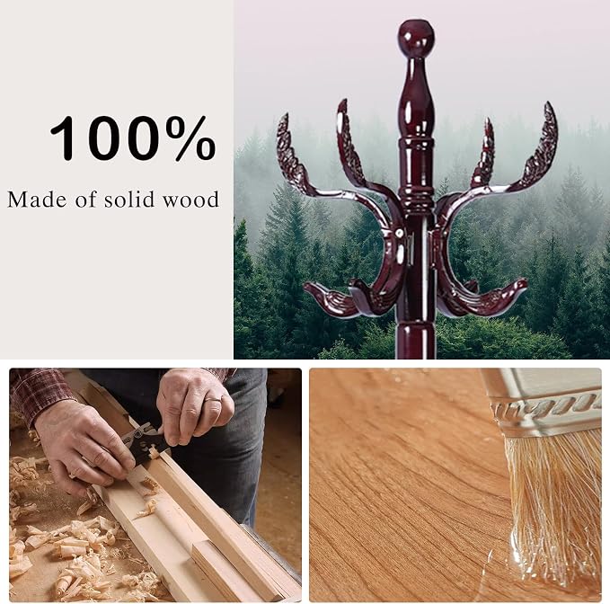 Wooden Coat Rack Freestanding, Hall Tree Hanger With Resin Hooks, Adjustable Heavy Duty Coat Rack for Hanging Clothes Bags Hats in Living Room Bedroom (coat rack, Round Base-Phoenix hook)