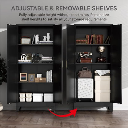 Farmhouse Pantry Cabinet with Barn Doors,61" H x 27.5" W,Metal Cabinet with Adjustable Shelves,4-Tier Storage Cabinet for Kitchen Dining Room Garage Office,Black 1 Pack