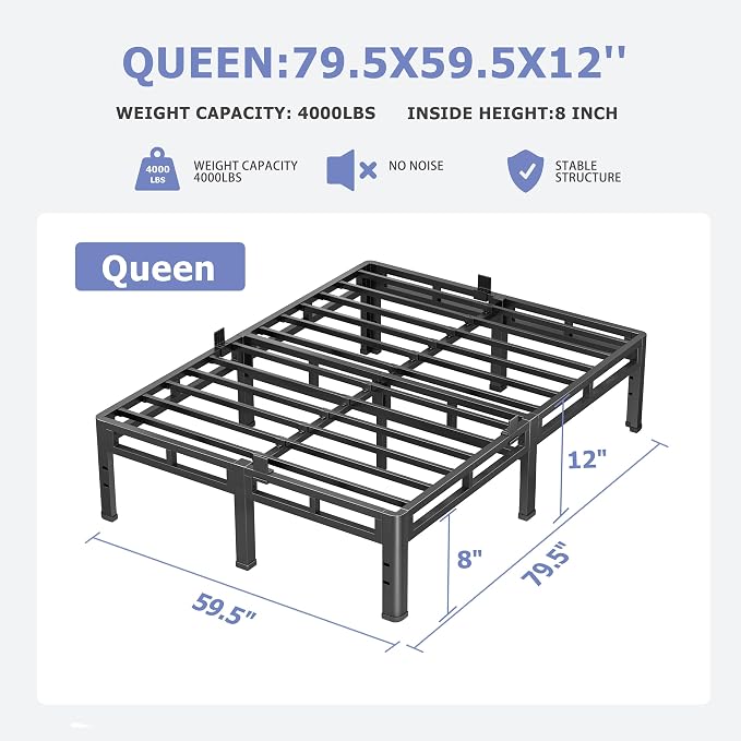 NKZ 12 Inch Queen Size Bed Frame, Metal Bed Frame & Box Spring 2 in 1 Platform with Round Corner Legs, 4000Lbs Heavy Duty Metal Frame, Mattress Slide Stopper, Headboard Hole, Noise-Free, Easy Assembly