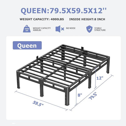 NKZ 12 Inch Queen Size Bed Frame, Metal Bed Frame & Box Spring 2 in 1 Platform with Round Corner Legs, 4000Lbs Heavy Duty Metal Frame, Mattress Slide Stopper, Headboard Hole, Noise-Free, Easy Assembly