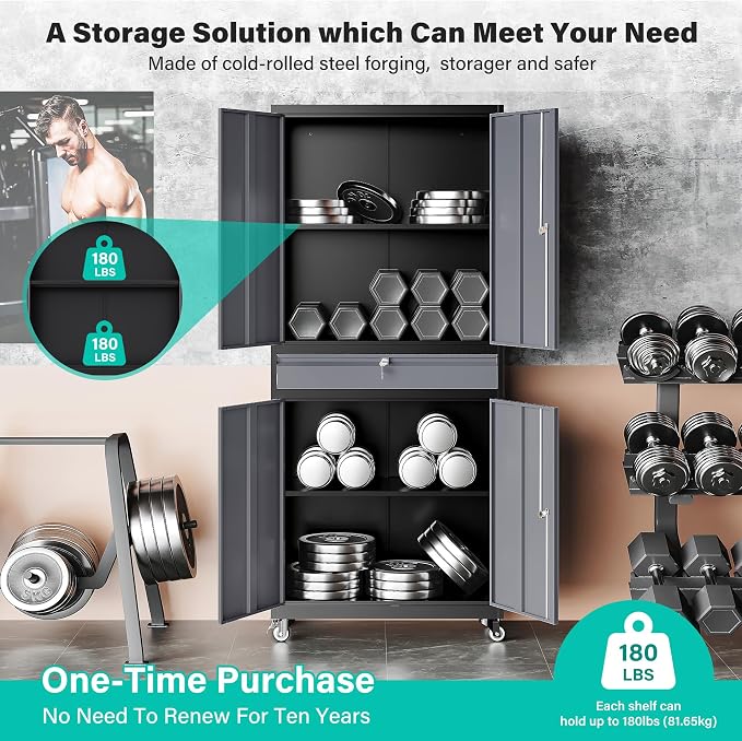 Metal Garage Storage Cabinet with Wheels and Drawer,Gray Rolling Garage Cabinet with Locking Doors and Adjustable Shelves,73" Tall Mobile Metal Storage Cabinets on Wheels for Home,Office,Garages,Tool