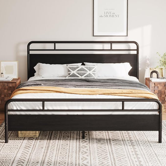 Allewie King Size Platform Bed Frame with Wooden Headboard and Footboard, Heavy Duty 13 Metal Slats Support, Under-Bed Storage, No Box Spring Needed, Noise Free, Easy Assembly, Black Oak