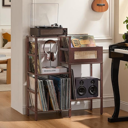 LELELINKY Record Player Stand, Vintage Walnut Wood Record Holder with Vinyl Storage Holds up to 300+ Albums, 3-Tier Rattan Media Table with Vinyl Display Shelf, Record Storage Cabinet for Living Room
