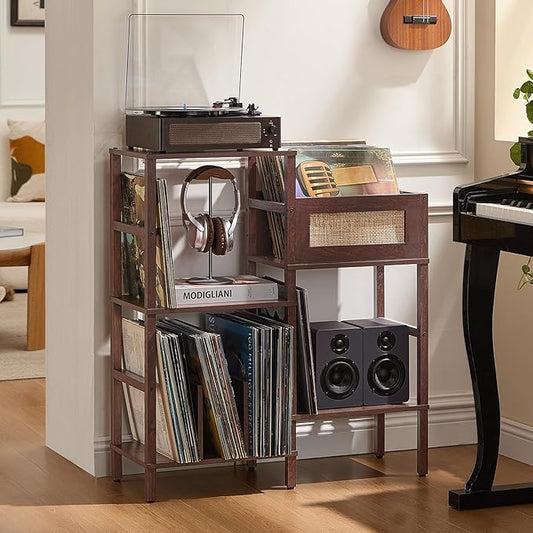 LELELINKY Record Player Stand, Vintage Walnut Wood Record Holder with Vinyl Storage Holds up to 300+ Albums, 3-Tier Rattan Media Table with Vinyl Display Shelf, Record Storage Cabinet for Living Room