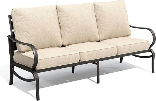 PHI VILLA Metal Patio Sofa with 5.75" Extra-Thick Waterproof Cushion, 3 Seater Deep Seat & High Back Outdoor Couch, All Weather Porch Furniture for Deck Backyard Front Porch Apartment,Beige