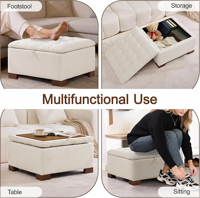 WUTUTUEE 30" Fabric Square Storage Ottoman with Wooden Tray, Modern Tufted Button Footstool Coffee Table, Upholstered Large Ottoman for Living Room, Bedroom, Beige